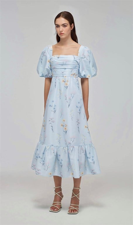 Mavi Çiçek Desen Midi Tasarım Elbise