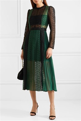 Siyah Yeşil Midi Uzun Kollu Tasarım Elbise