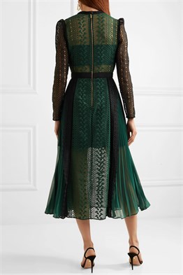 Siyah Yeşil Midi Uzun Kollu Tasarım Elbise